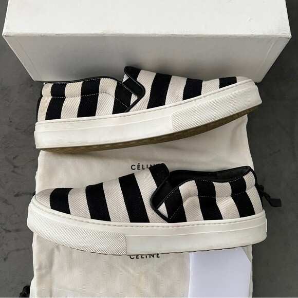 Celine Black/White Striped Canvas Slip On Sneakers - Picture 4 of 16